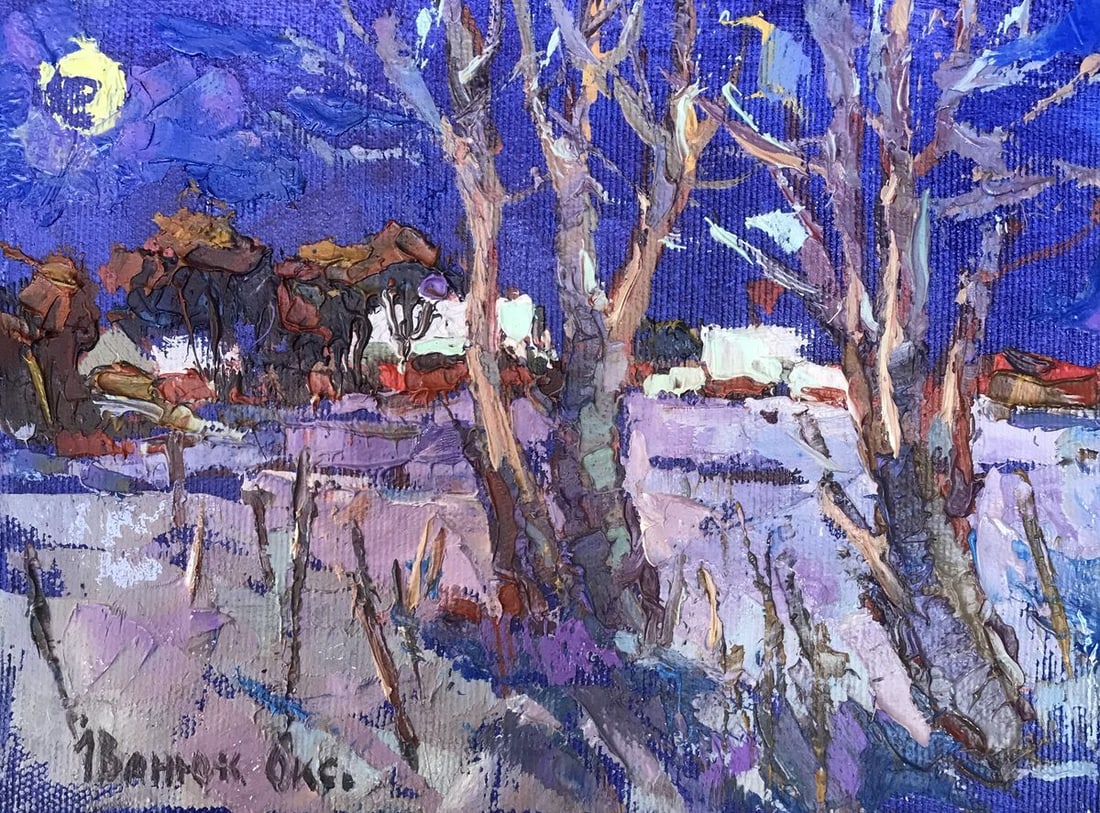 Oil painting Moonlit night Kalenyuk Oksana: Title: Oil painting Moonlit night Kalenyuk Oksana Description: NoAAA3076"Moonlit Night" is a mesmerizing oil painting that captures the ethereal beauty of a winter landscape under the enchanting glow