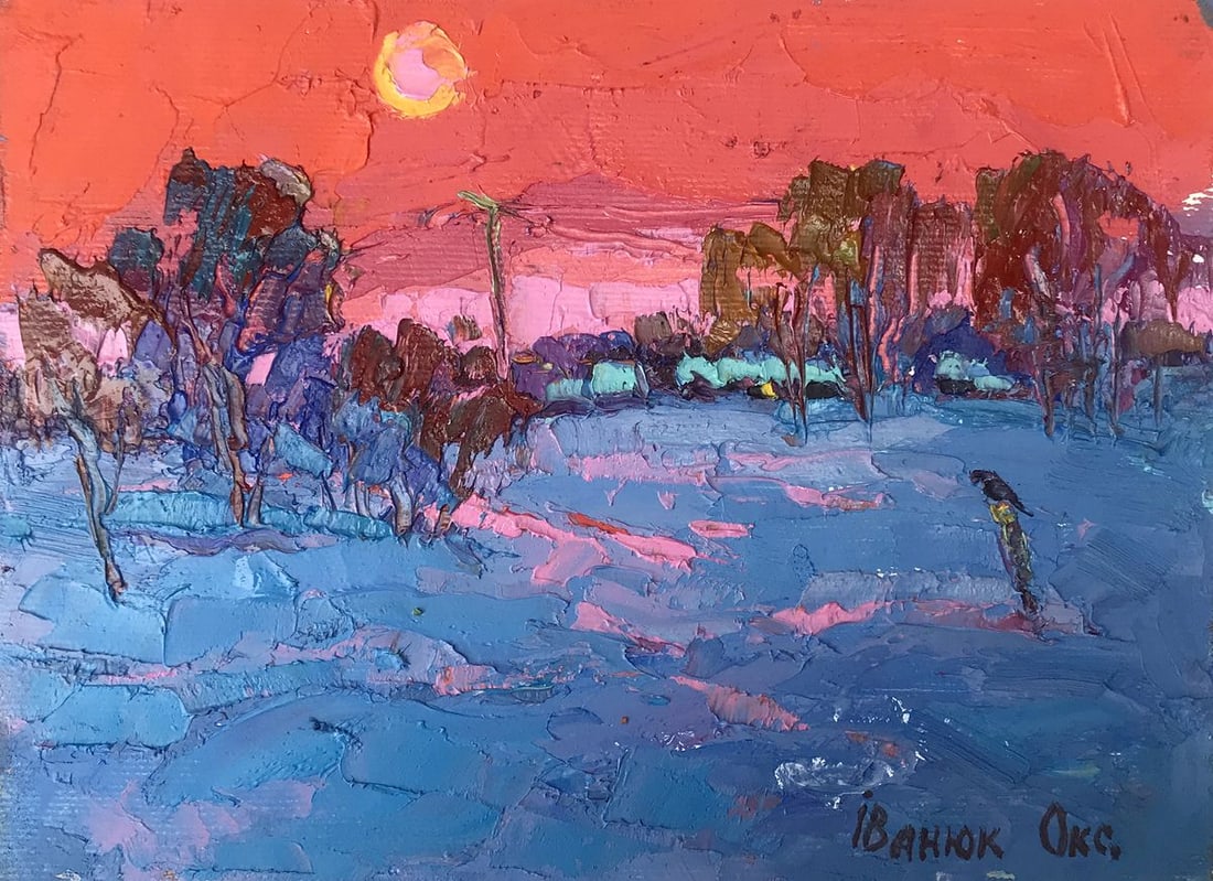 Oil painting Frosty evening Oksana Kalenyuk: Title: Oil painting Frosty evening Oksana Kalenyuk Description: NoAAA3212The oil painting "Frosty Evening" presents a striking landscape scene characterized by its vivid colors and rich textures, achi