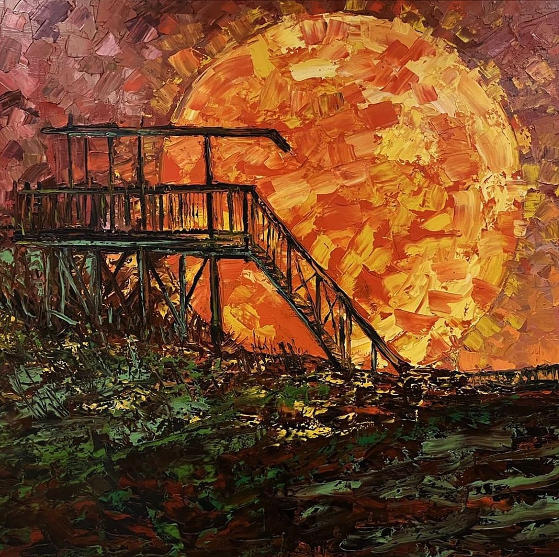 Oil painting Sunrise sunset Serhiy Kovalev: Title: Oil painting Sunrise sunset Serhiy Kovalev Description: NoGaller 38"Sunrise Sunset" by Serhiy Kovalev depicts a powerful, fiery sun in the backdrop of a solitary wooden observation deck, surrou