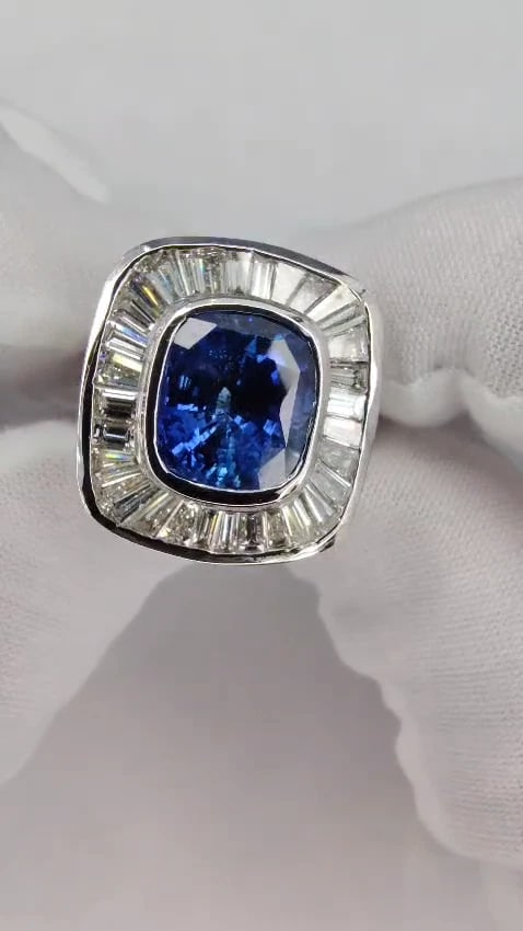 GIA 12.52CT 18KT NATURAL NATURAL SAPPHIRE DIAMOND BAGUETTE DECO CLUSTER RING *v - 2