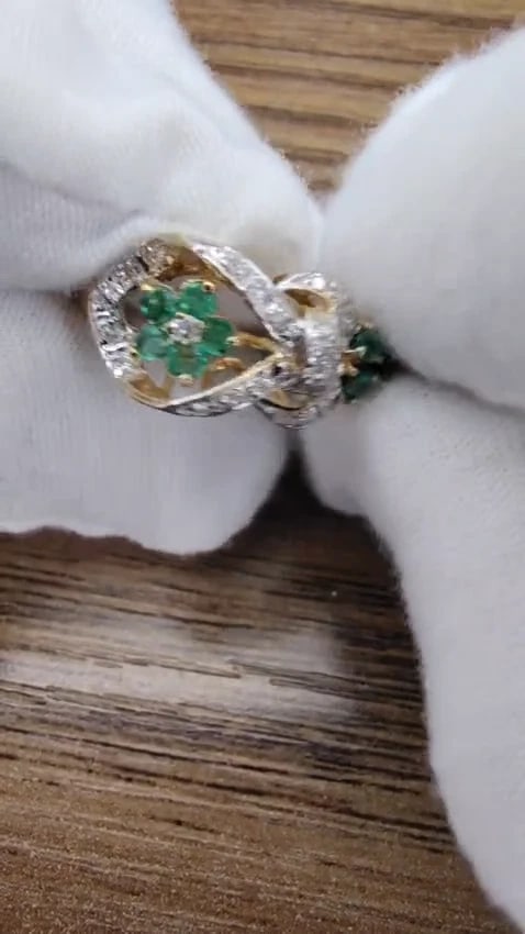 Vintage Revisit Natural Emerald Diamonds Ring Neoclassical 14kt gold 67122 *v - 2