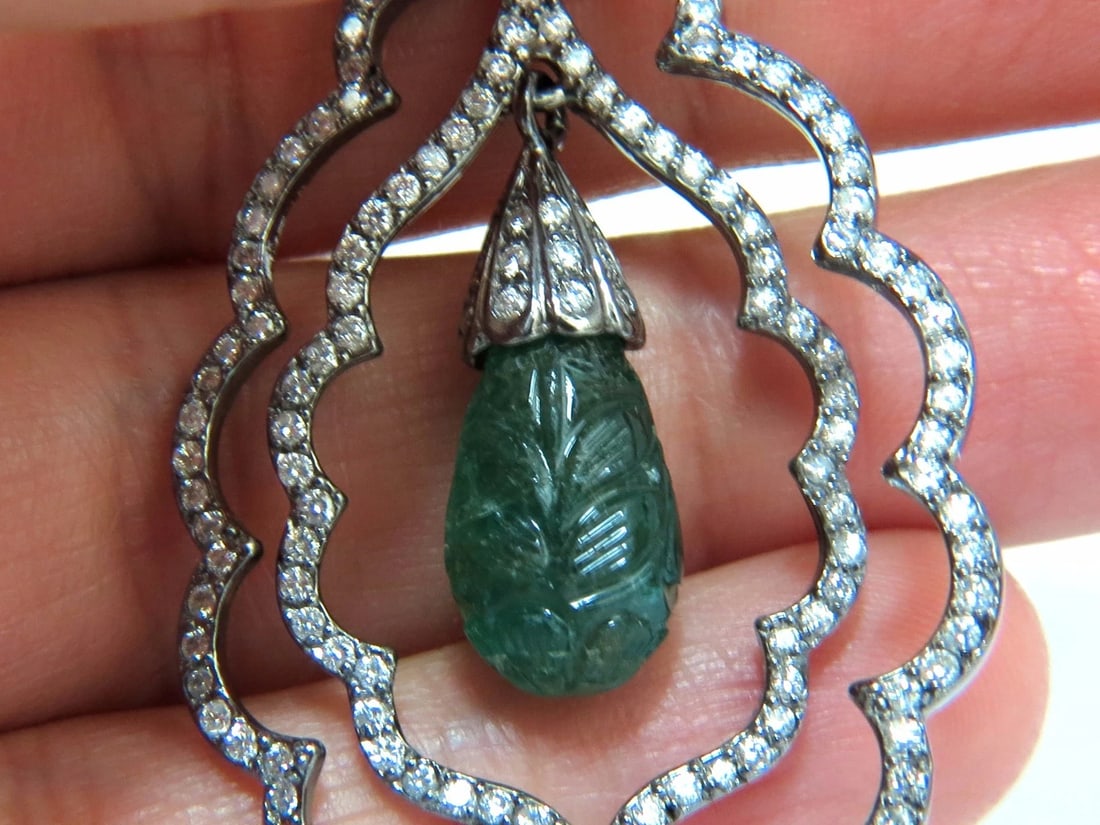 29.50ct NATURAL CARVED EMERALDS DIAMONDS DANGLING EARRINGS 14kt** - 7