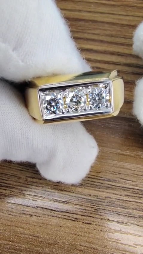 .85ct Natural Three Stone Masculine Pave Beaded Flat Deck Mens Ring 14kt*v - 2