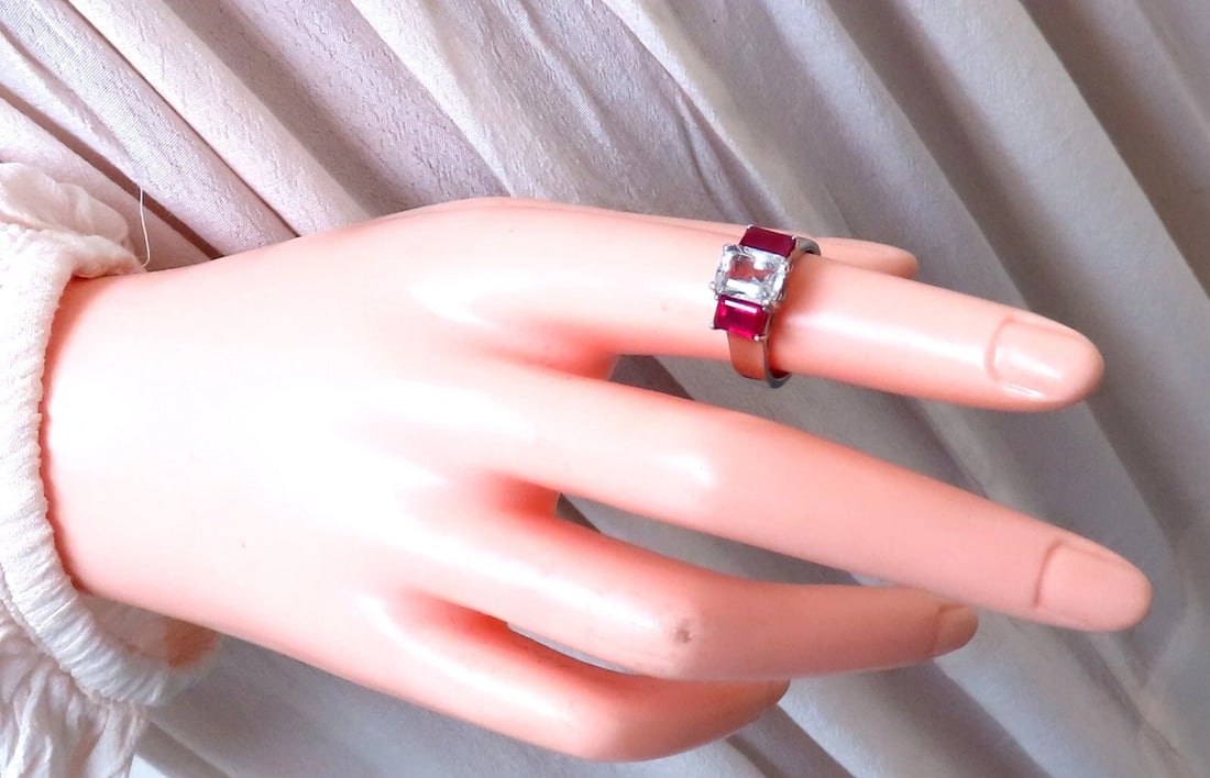 White Natural Sapphire & Ruby Ring Platinum *v - 8