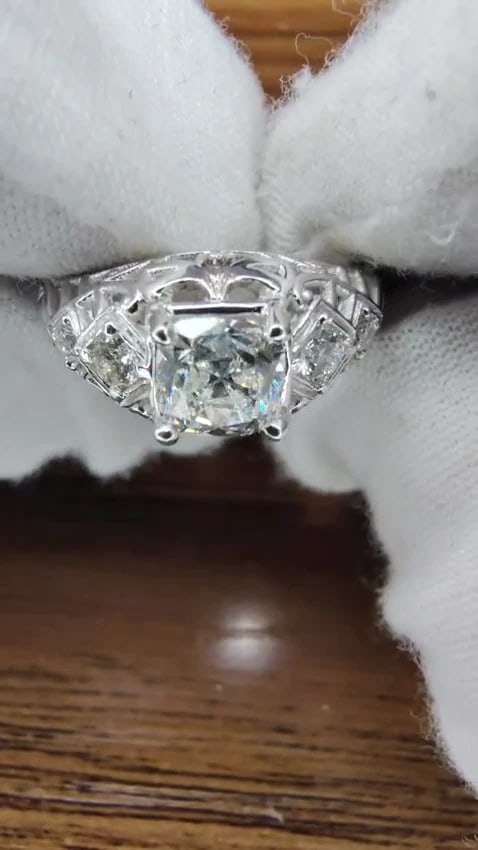 GIA 1.04ct. Cushion Brilliant natural diamond ring G/ Si-1 Deco 14kt gold *v - 2