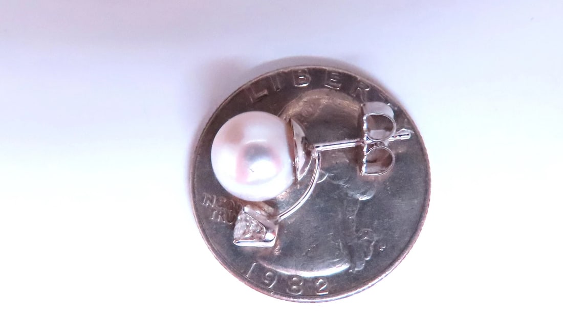 8mm Natural White South seas Pearl Diamond Stud Earrings 14kt Gold 12384** - 4