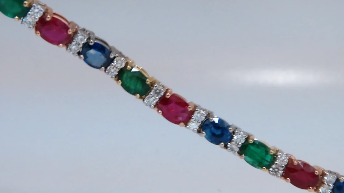 18.28ct natural ruby emerald sapphires diamond tennis bracelet 14kt gem line** - 2