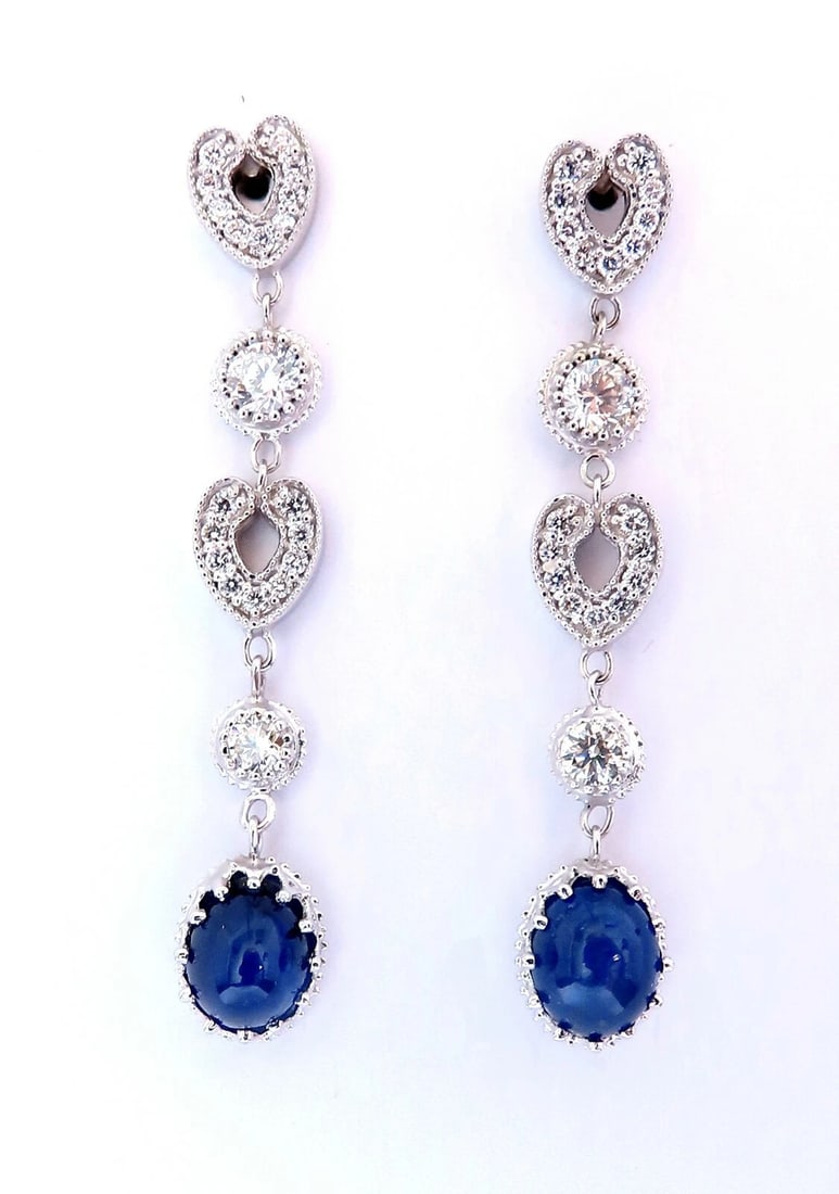 4.33ct Natural Sapphire Diamond Earrings 14kt cabochon dangles**: Title: 4.33ct Natural Sapphire Diamond Earrings 14kt cabochon dangles** Description: Cabochon dangles statement earrings. 4.33 carat natural oval sapphires. Royal blue, clean clarity and transparent. 