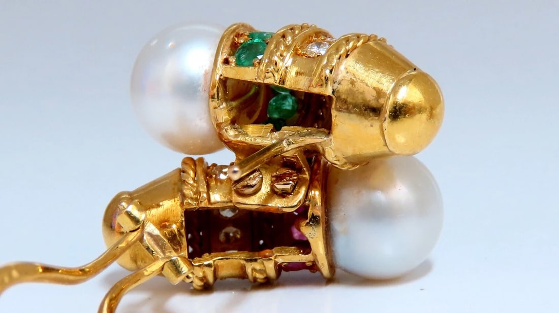 3ct Natural Ruby Emerald Sapphire Pearl clip Earrings 18kt** - 4