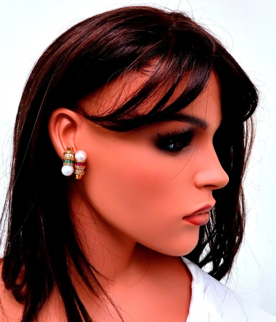 3ct Natural Ruby Emerald Sapphire Pearl clip Earrings 18kt** - 8