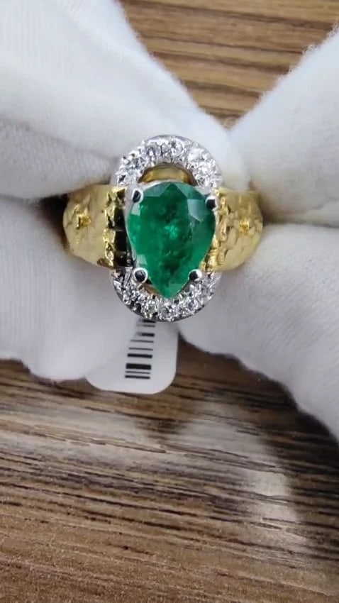 18KT GOLD 1.90CT NATURAL EMERALD DIAMOND RING HAMMERED DECO *v - 2