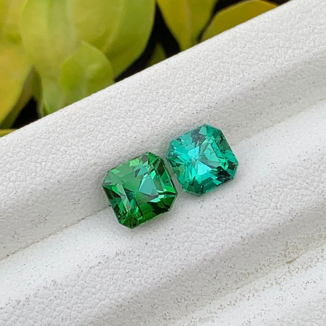 Blue-Green Tourmaline Gemstones: 2.75 Carat Square Cut Pair: * Type: Reverse Tourmaline Pair * Material: Tourmaline * Size: 6*6*6 mm * Weight: 2.75 Carat * Color: Blue & Green * Clarity: VVS * Shape: Square cut * Transparency: Transparent * Origin: Afghanistan