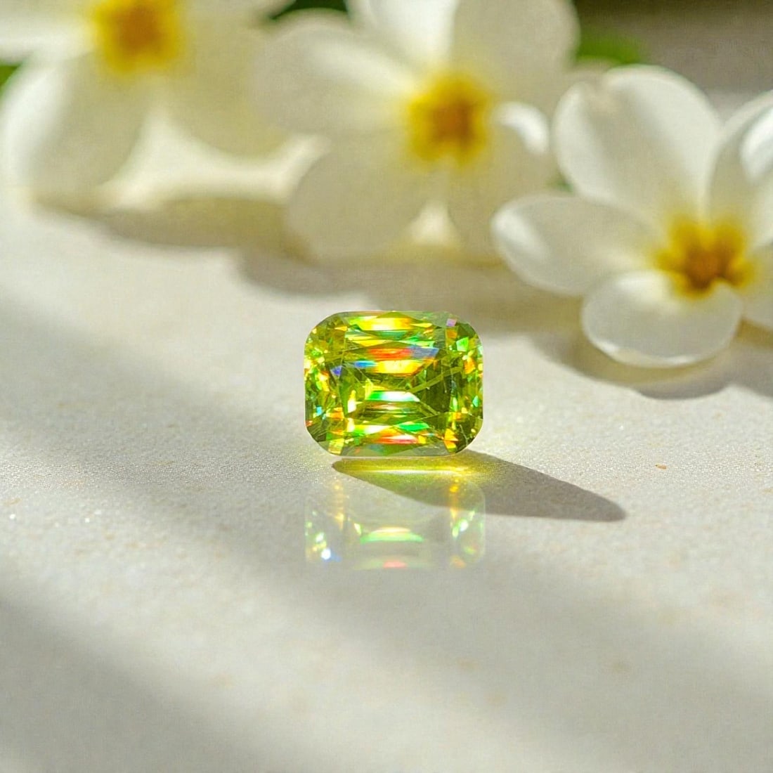 Full Fire Sphene Ring Stone, Apple Green Sphene Gemstone For Jewelry: Full Fire Sphene Ring Stone, Apple Green Sphene Gemstone For Jewelry Weight (CT) : 2.30 Measurements(MM) : 8 x 6.5 x 5 Shape : Cushion Color : Yellowish Green / Apple Green Treatment : None Clarity :