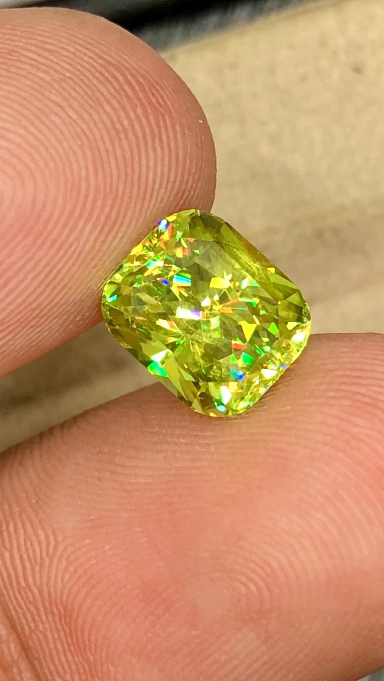 Intense Fire Multi Color Titanite Sphene Fancy Radiant Cut Gemstone - 2.705 Carat: Gemstone Details: Gemstone: Sparkling Sphene Titanite Dimensions: 8.5*7.2*5.3 mm Weight: 2.705 Carat Cut: Fancy Radint Color: Multi Color Clarity: VVS Origin : Madagascar Treatment: None Mineral