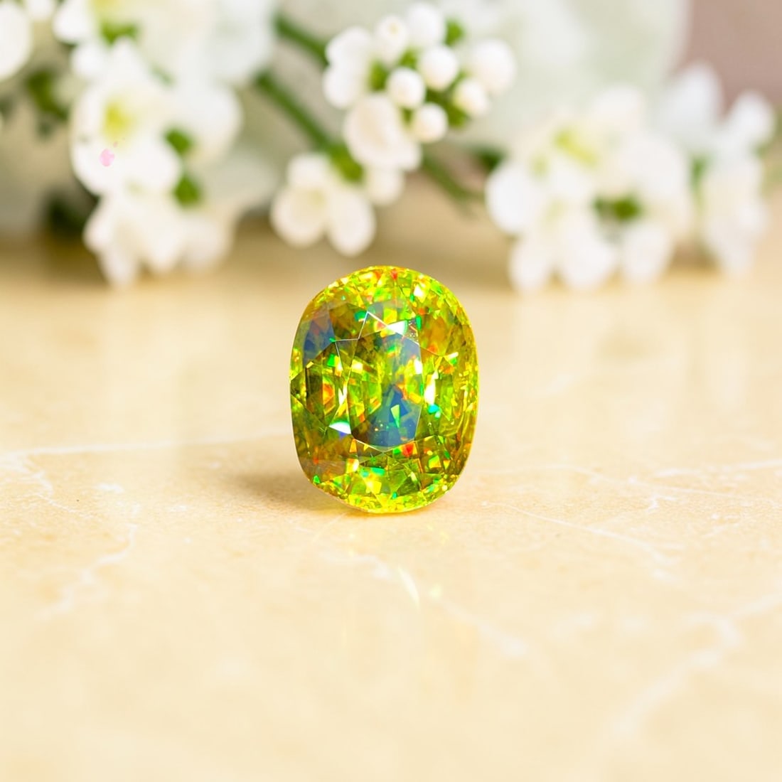 Greenish Yellow Sphene Ring Stone, Full Fire Sphene var Titanite Gemstone: Greenish Yellow Sphene Ring Stone, Full Fire Sphene var Titanite Gemstone Weight (CT) : 10.10 Measurements(MM) : 13.5x11x8.5 Shape : Oval Color : Greenish Yellow Treatment : None Clarity : Eye Clean O