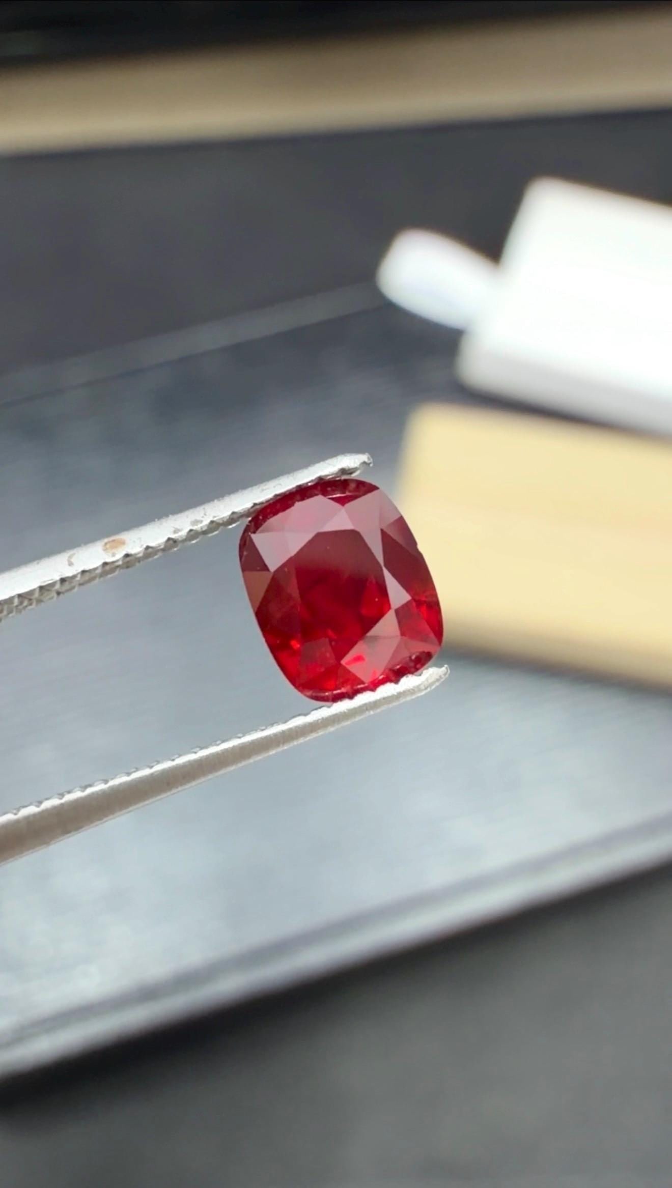 1.015 Carat Natural Vivid Red Pigeons Blood Ruby Gemstone From Mozambique, No Heat Cuhsion Cut Gem (1 of 5)
