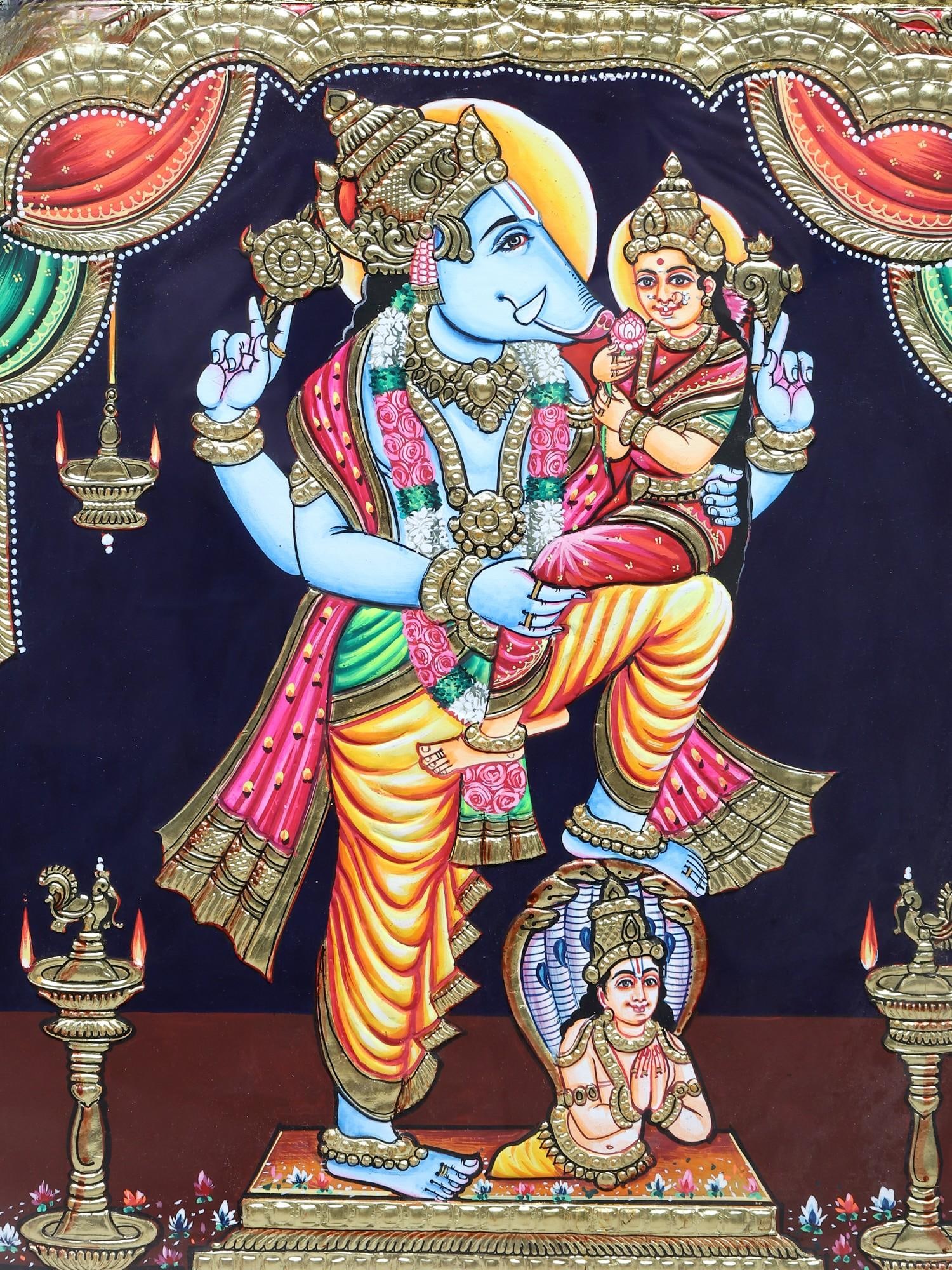 Lord Vishnu As Varaha Avatar with Goddess Lakshmi | Framed Tanjore Painting with Gold Work - 2