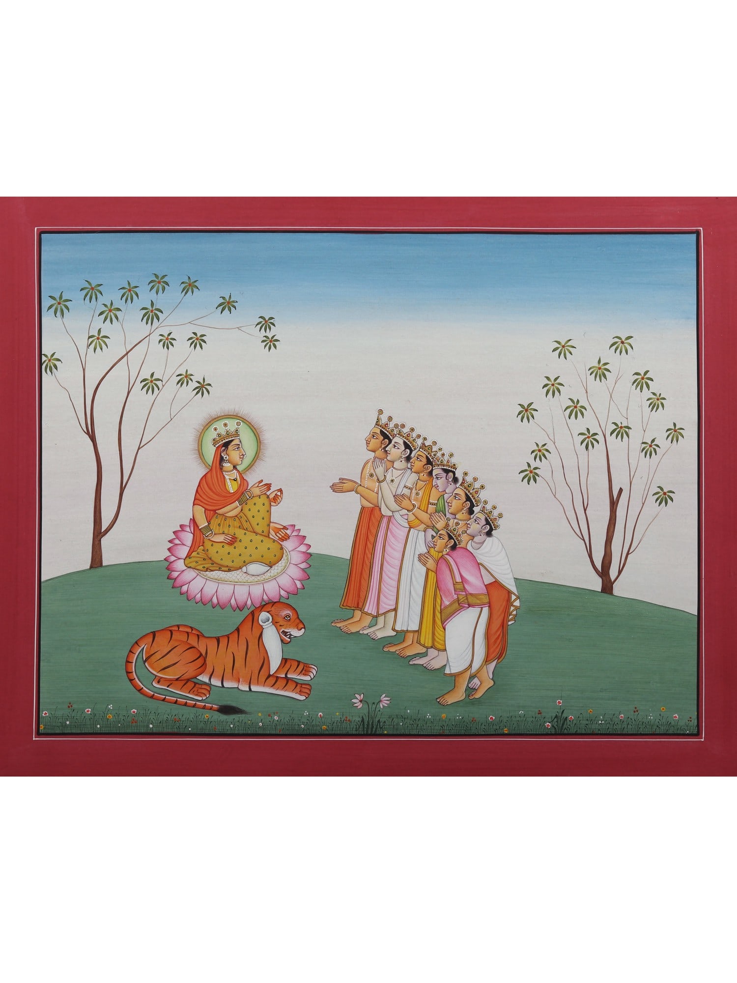 Painting of Gods Visiting Devi Parvati in Kangra-style | Watercolor on Paper: Title: Painting of Gods Visiting Devi Parvati in Kangra-style | Watercolor on Paper Description: Hindu Gods & Goddesses Painting Reserve: $264.00 Shipping: Domestic: Shipping rates are determined by