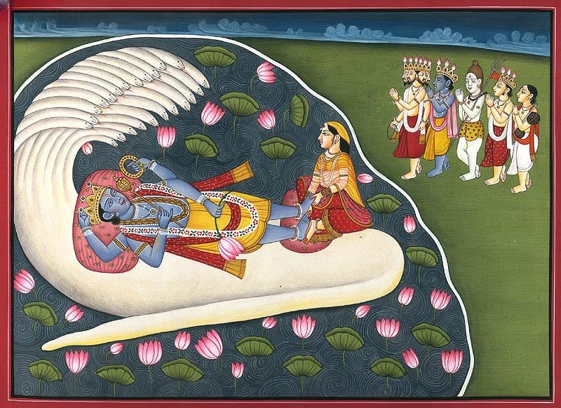 Gods and Rishis Praying Vishnu for Eliminating Kansa: Title: Gods and Rishis Praying Vishnu for Eliminating Kansa Description: Hindu Gods & Goddesses Painting Reserve: $301.00 Shipping: Domestic: Shipping rates are determined by destination