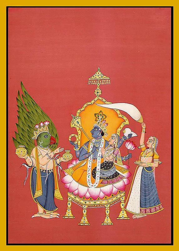 Garuda Paying Obeisance to Lakshmi Vishnu with Nectar Flasks: Title: Garuda Paying Obeisance to Lakshmi Vishnu with Nectar Flasks Description: Hindu Gods & Goddesses Painting Reserve: $248.00 Shipping: Domestic: Shipping rates are determined by destination