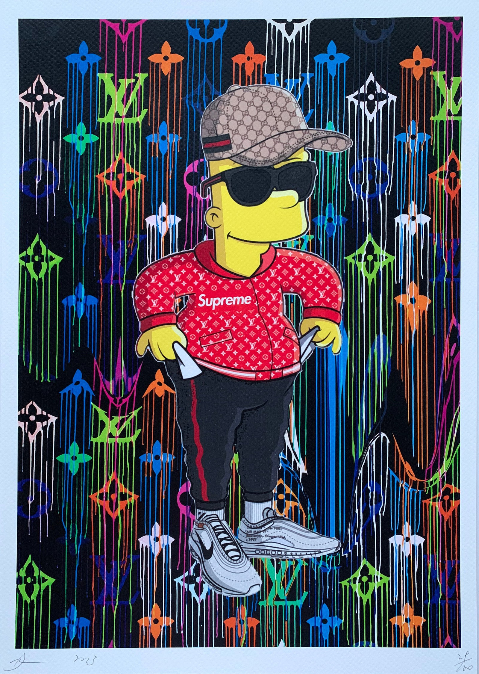 Death NYC Simpsons Louis Vuitton Gucci Supreme: Title: Death NYC Simpsons Louis Vuitton Gucci Supreme Date/Period:21st Century Materials:Giclee on Fine art 300 gsm paper Size:17 3/4 x 12 1/2 inches Description:Artist: Death NYC, limited edition