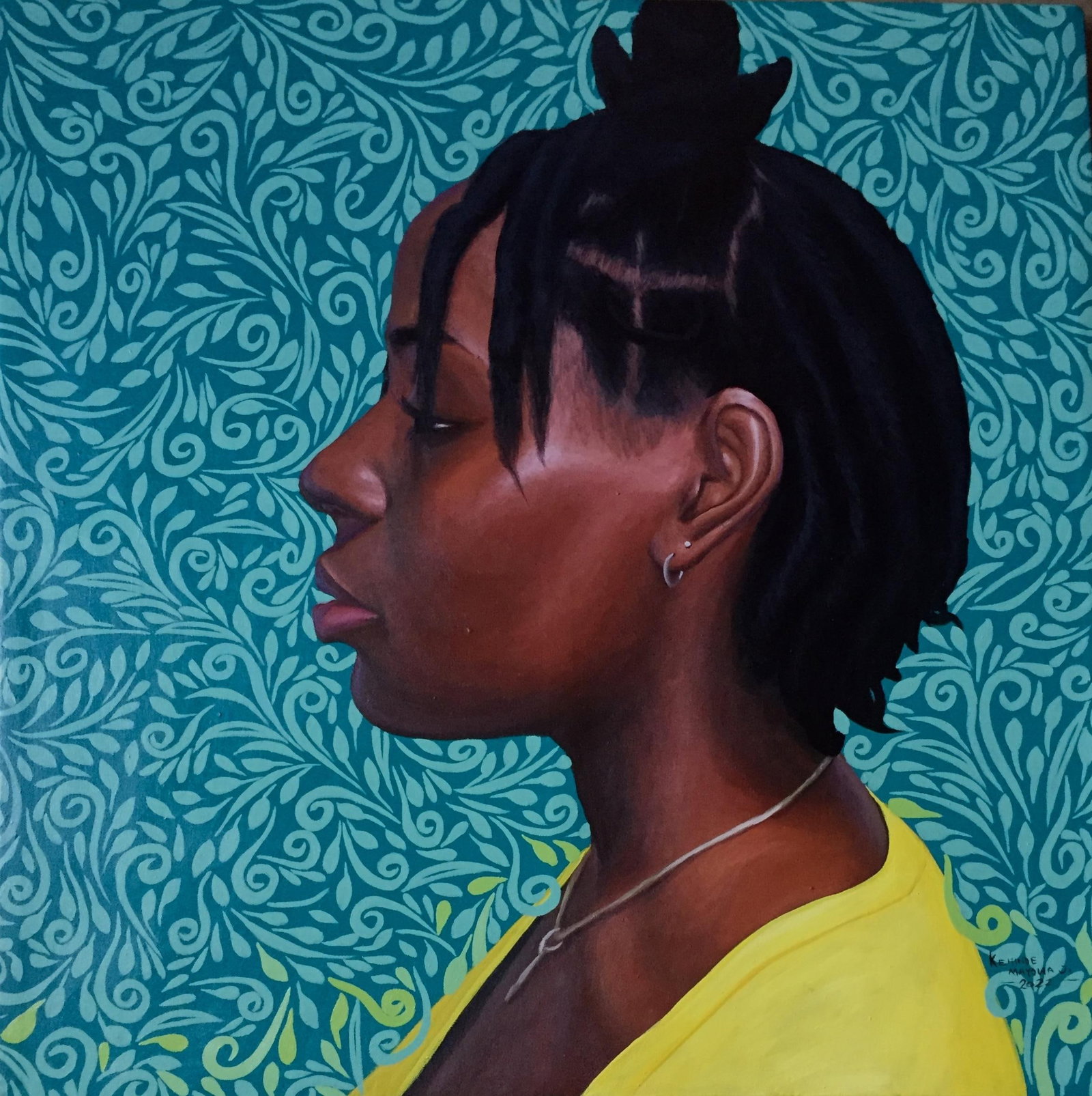 Kehinde Mayowa, Insight, 2023: Creator: Kehinde Mayowa (1994, Nigerian) Creation Year: 2023 Dimensions: Height: 36 in (91.44 cm)Width: 36 in (91.44 cm)Depth: 1 in (2.54 cm) Medium: Canvas,Acrylic Movement & Style: Contemporary