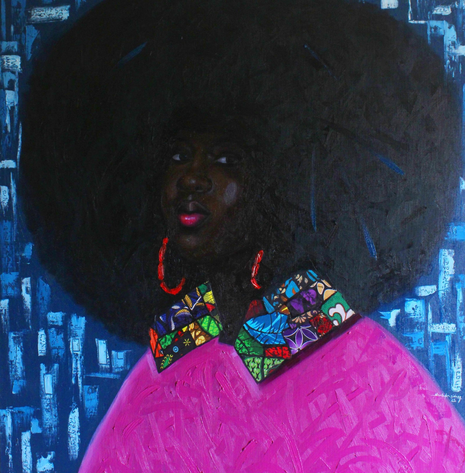 Bakare Abubakri-sideeq Babatunde, Afrocentric Radiance, 2023: Creator: Bakare Abubakri-sideeq Babatunde (1992, Nigerian) Creation Year: 2023 Dimensions: Height: 55 in (139.7 cm)Width: 49 in (124.46 cm)Depth: 1 in (2.54 cm) Medium: Fabric,Canvas,Oil,Mixed Media