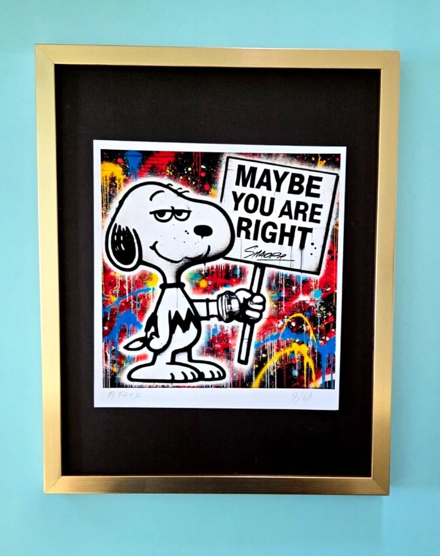 AIDAN FLUX Hand Signed Authentic Print 14x11in. Framed Snoopy | COA: This is a one-of-a-kind Hand Signed Authentic Giclee by AIDAN FLUX. From his Series "American Icons" The artist has created a stunning piece of art that features a powerful message about women's
