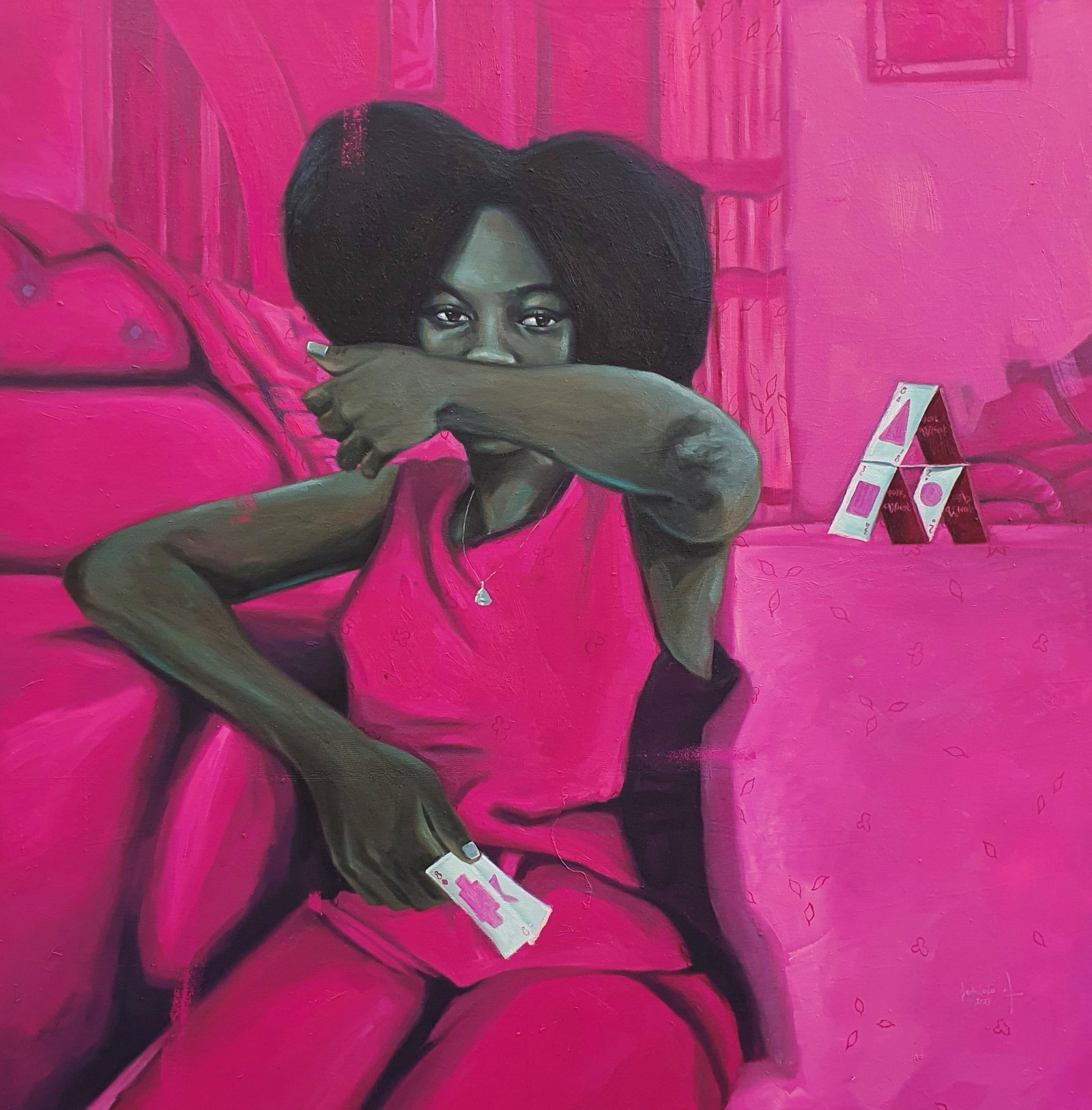 Ajegbomogun Damilola, Bleasure 5 (House of Cards), 2023: Creator: Ajegbomogun Damilola (1993, Nigerian) Creation Year: 2023 Dimensions: Height: 48 in (121.92 cm)Width: 47.2 in (119.89 cm)Depth: 1 in (2.54 cm) Medium: Canvas,Oil Movement & Style: