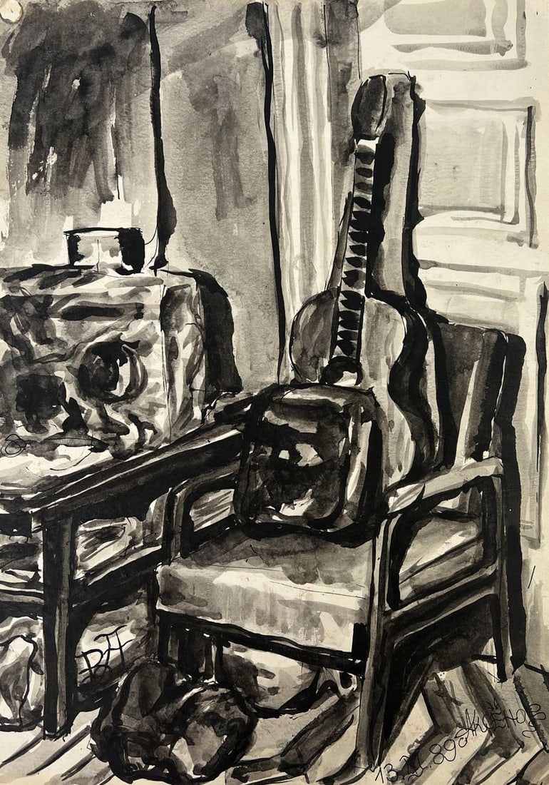 Watercolor painting Guitar in the silence of the apartment Vadim Aksenov - 3