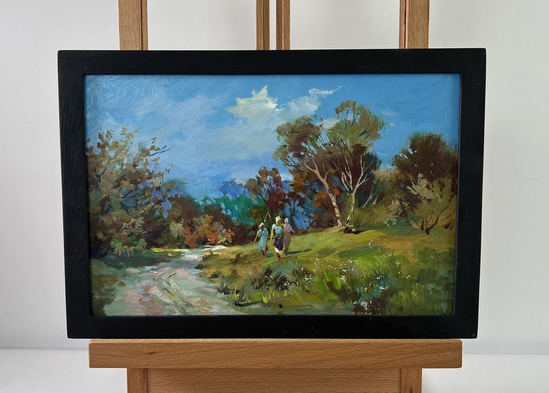 Oil painting A walk in the forest Yuriy Suprunchuk: Title: Oil painting A walk in the forest Yuriy Suprunchuk Description: NoAAA5293The oil painting on Cardboard titled "A Walk in the Forest" captures a luminous, peaceful moment suspended in the