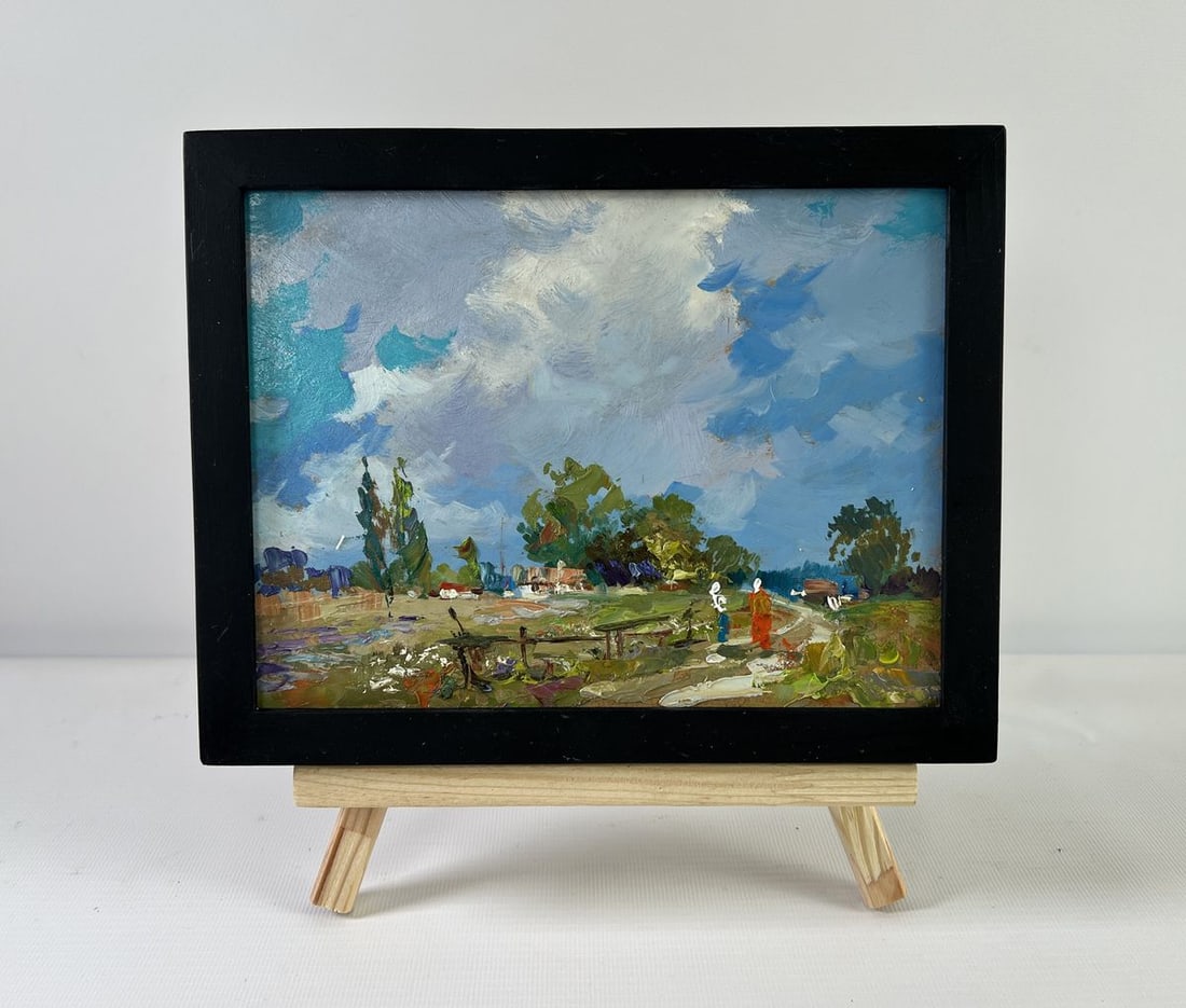 Oil painting Past the outer houses Yuriy Suprunchuk: Title: Oil painting Past the outer houses Yuriy Suprunchuk Description: NoAAA5302The oil painting on Cardboard titled "Past the Outer Houses" presents a vivid and poetic impression of rural life,