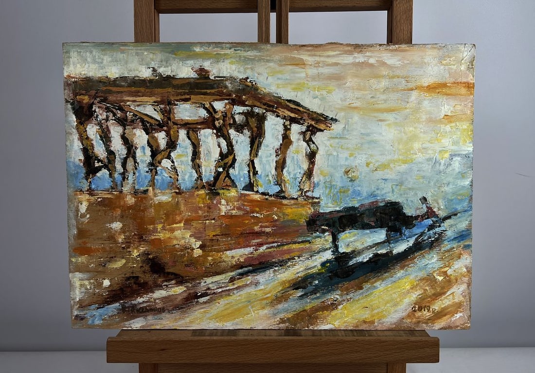 Oil painting Melody to balance Vadim Aksenov: Title: Oil painting Melody to balance Vadim Aksenov Description: NoAAA5009The oil painting on wood titled "Melody to balance" evokes a haunting sense of rhythm and fragility, capturing the viewer's im