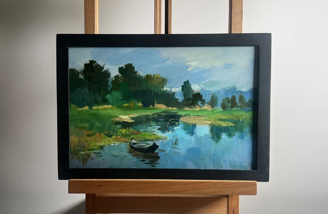 Oil painting Warm weather for fishing Yuriy Suprunchuk: Title: Oil painting Warm weather for fishing Yuriy Suprunchuk Description: NoAAA4172The painting titled "Warm weather for fishing" captures a peaceful riverside scene bathed in the soft glow of a warm