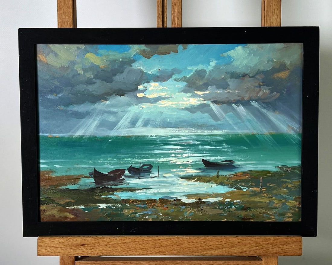 Oil painting Rays Over the Sea Yuriy Suprunchuk: Title: Oil painting Rays Over the Sea Yuriy Suprunchuk Description: NoAAA6149Oil painting Rays Over the Sea Yuriy Suprunchuk showcases the artist's exceptional command of light, atmosphere, and