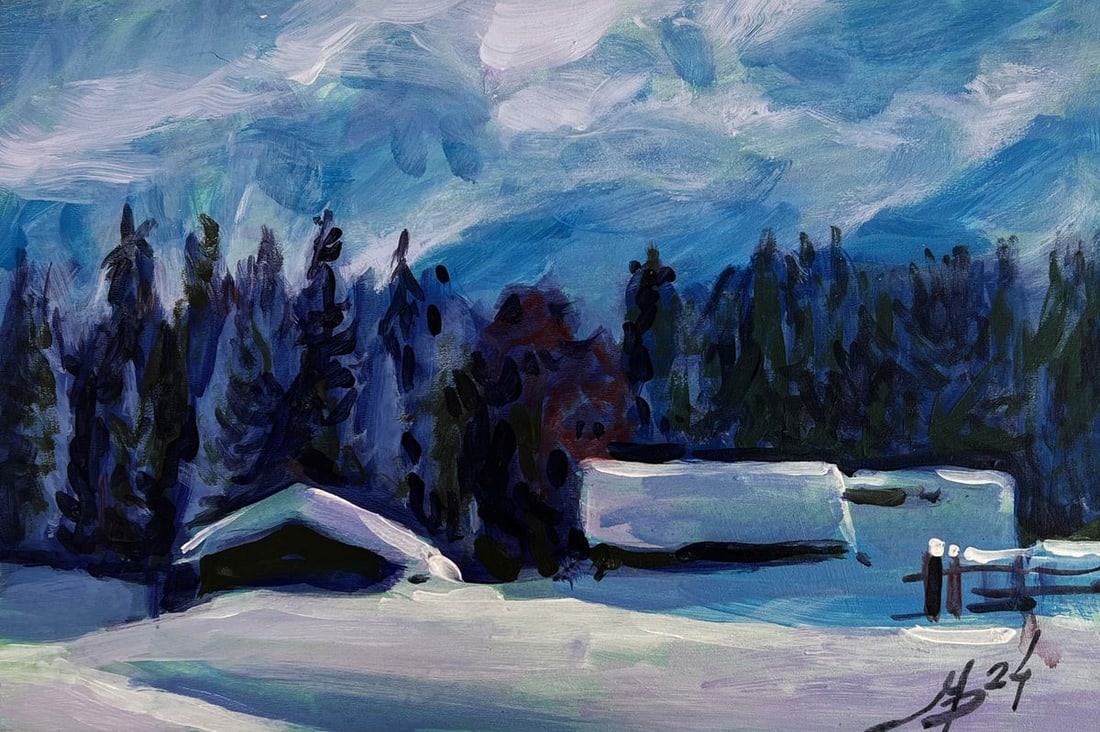Acrylic painting Village Winter Tale Mykhailo Patskan - 3