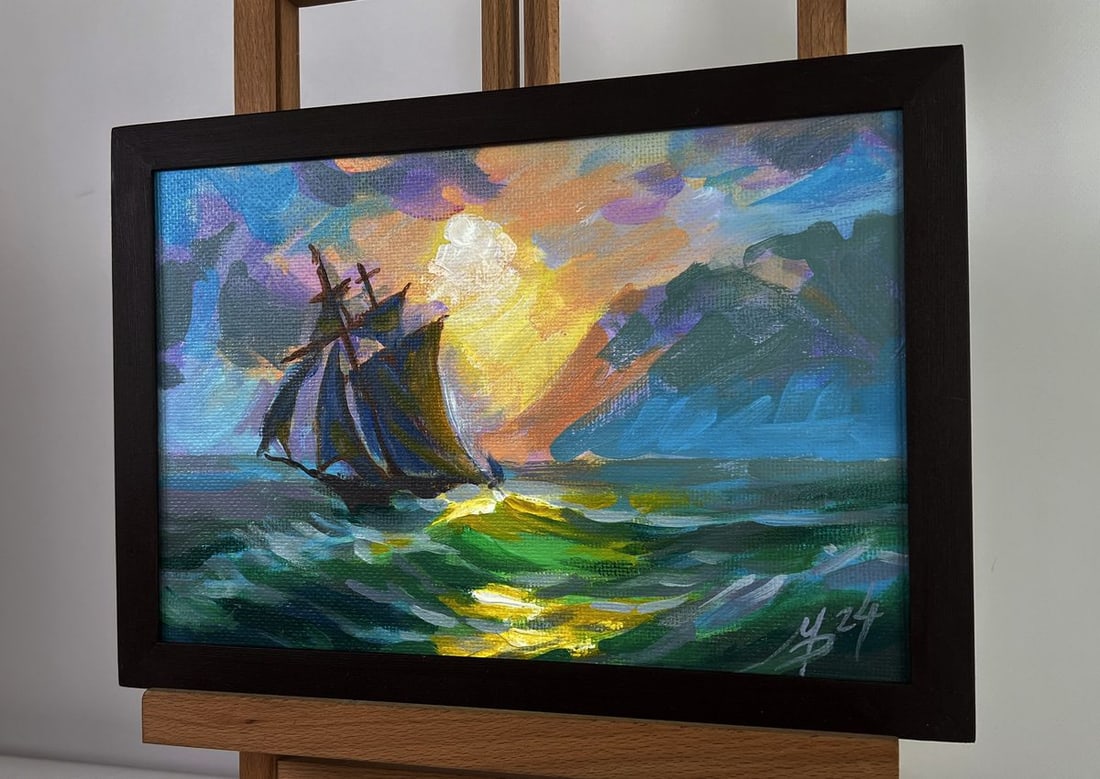 Acrylic painting The Ship and the Fiery Horizon Mykhailo Patskan - 2