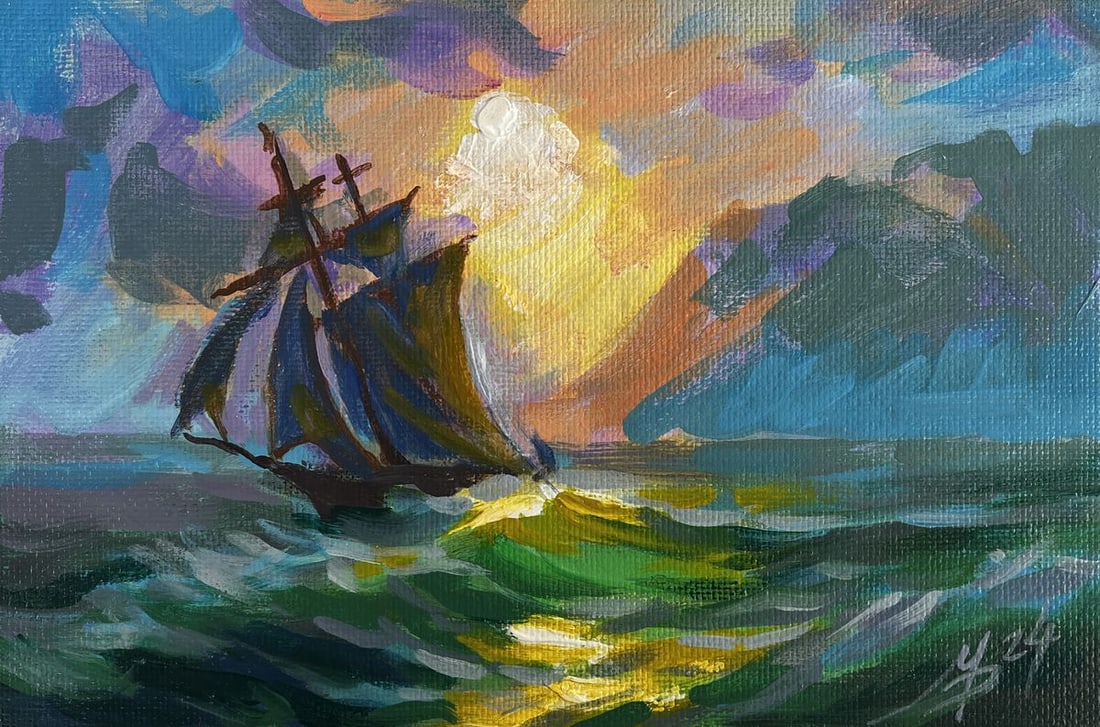 Acrylic painting The Ship and the Fiery Horizon Mykhailo Patskan - 3