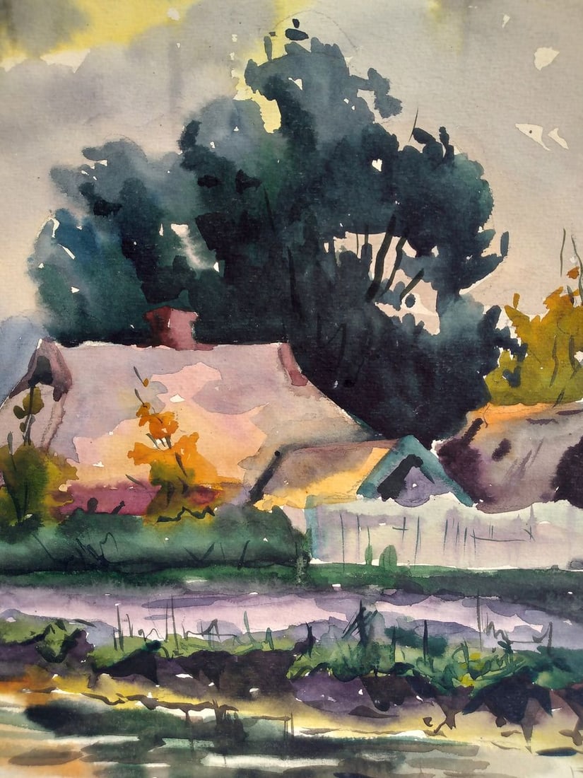 Watercolor painting Houses by the river Unknown artist - 2