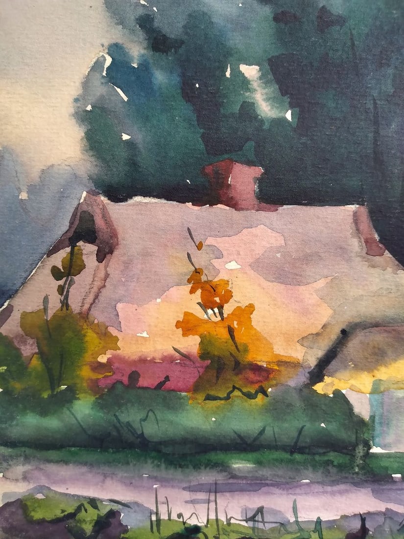 Watercolor painting Houses by the river Unknown artist - 3