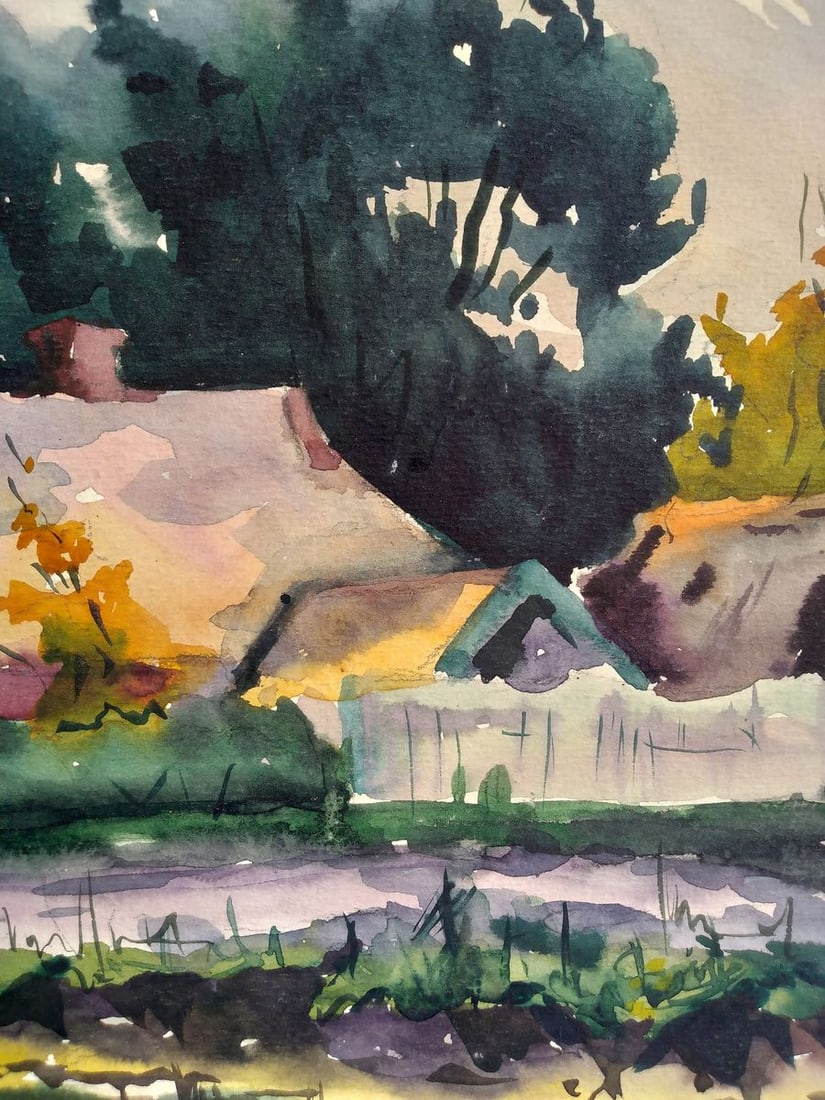 Watercolor painting Houses by the river Unknown artist - 4