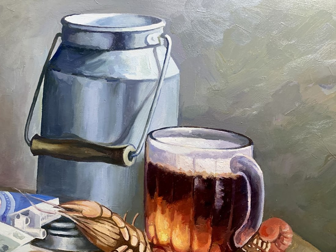 Oil painting Beer and crayfish Unknown artist - 4