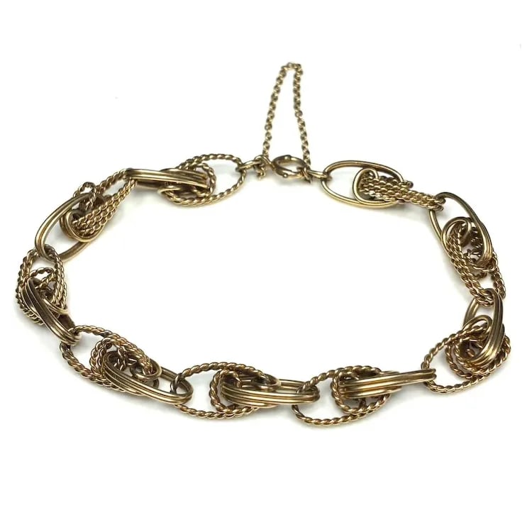 Vintage 14k Yellow Gold Handmade Interlaced Rope Charm Bracelet with Safety Chain - 2