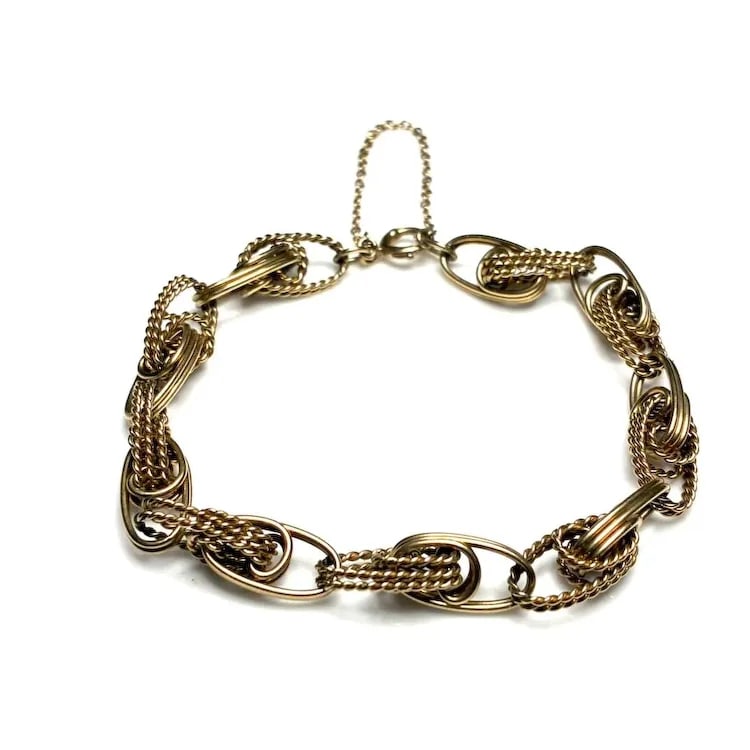 Vintage 14k Yellow Gold Handmade Interlaced Rope Charm Bracelet with Safety Chain - 3