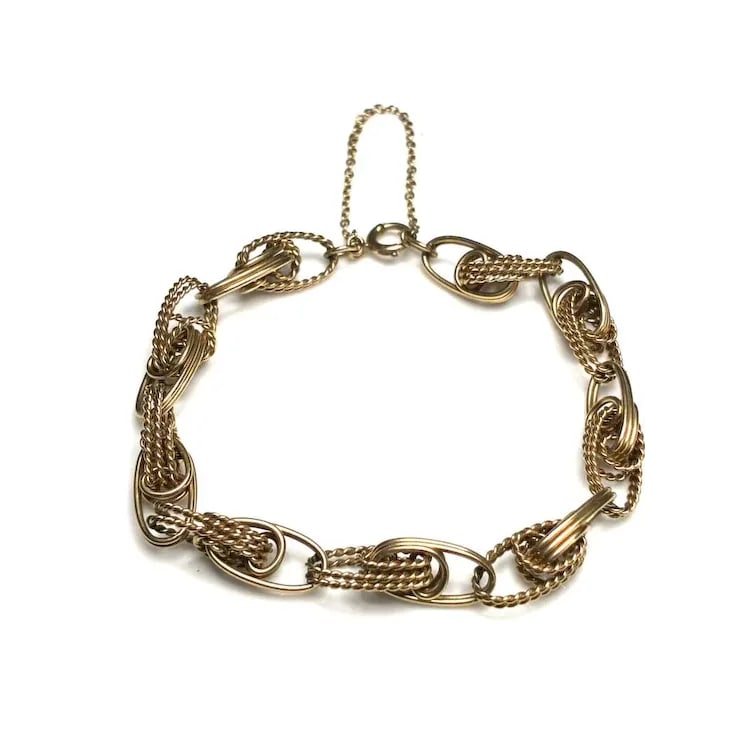 Vintage 14k Yellow Gold Handmade Interlaced Rope Charm Bracelet with Safety Chain - 4