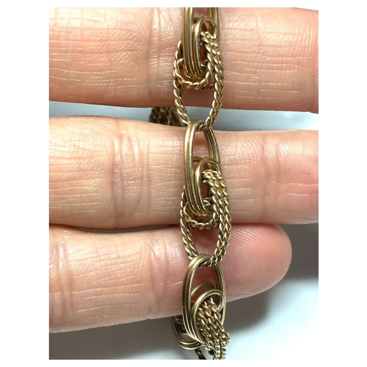 Vintage 14k Yellow Gold Handmade Interlaced Rope Charm Bracelet with Safety Chain - 7