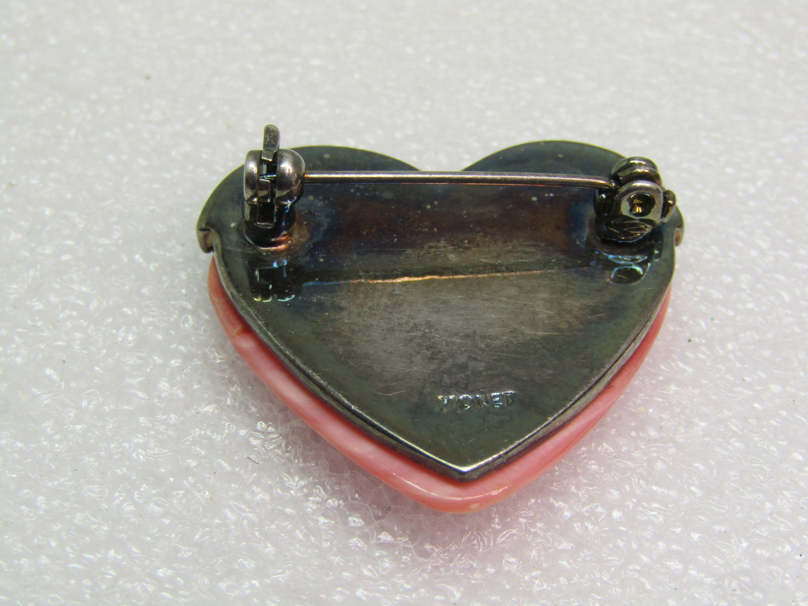 Vintage Pink Heart Brooch, MOP and Rhinestone Brooch, Signed Monet, 1980's. - 4