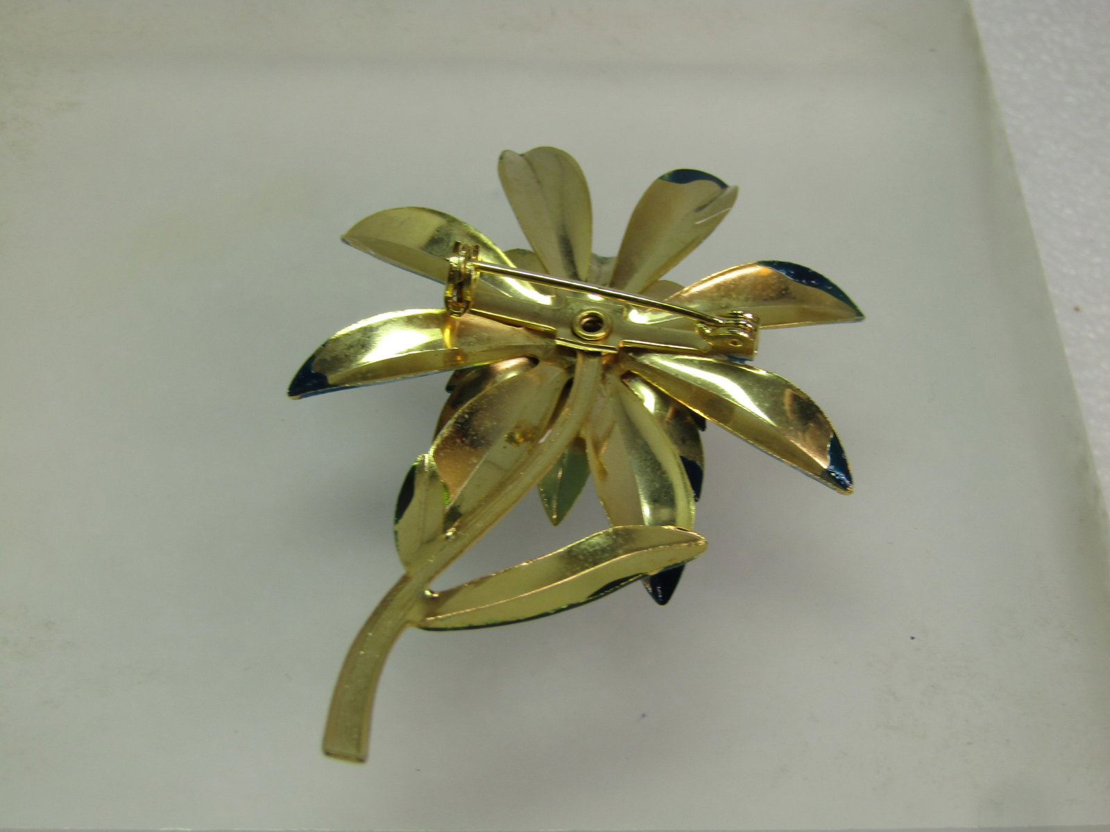 Vintage Blue/White Enameled Floral Brooch, Long Stem, 1940's-1960's - 6