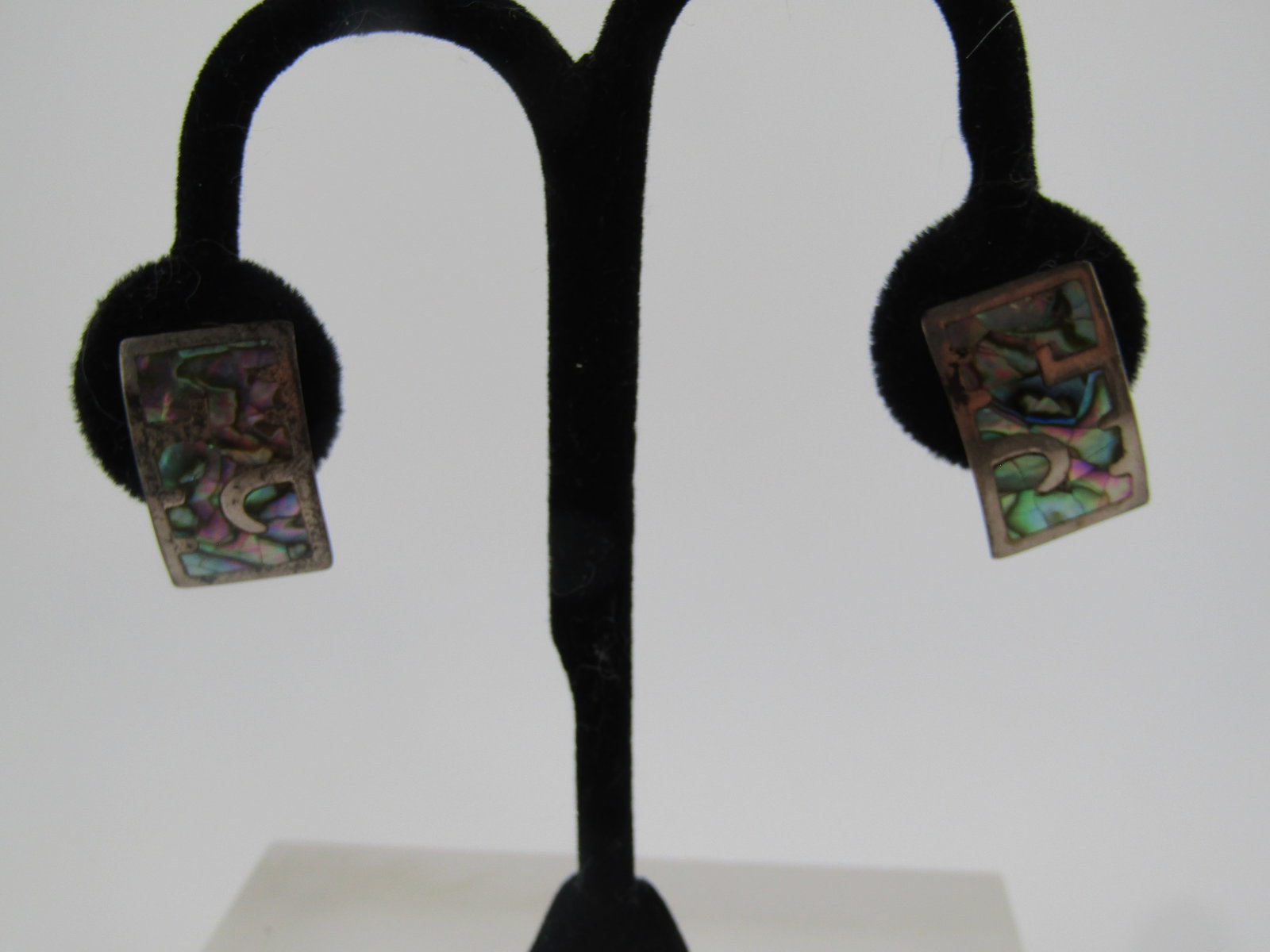 Vintage Sterling Inlaid Abalone Earrings, Screwback, Mexico, 1960's-1970's: Vintage Sterling Inlaid Abalone Earrings, Screwback, Mexico, 1950's-1970's, possibly older. These are rectangular and slightly rounded and appx. 1" by 3/4". They are marked sterling and Taxco,