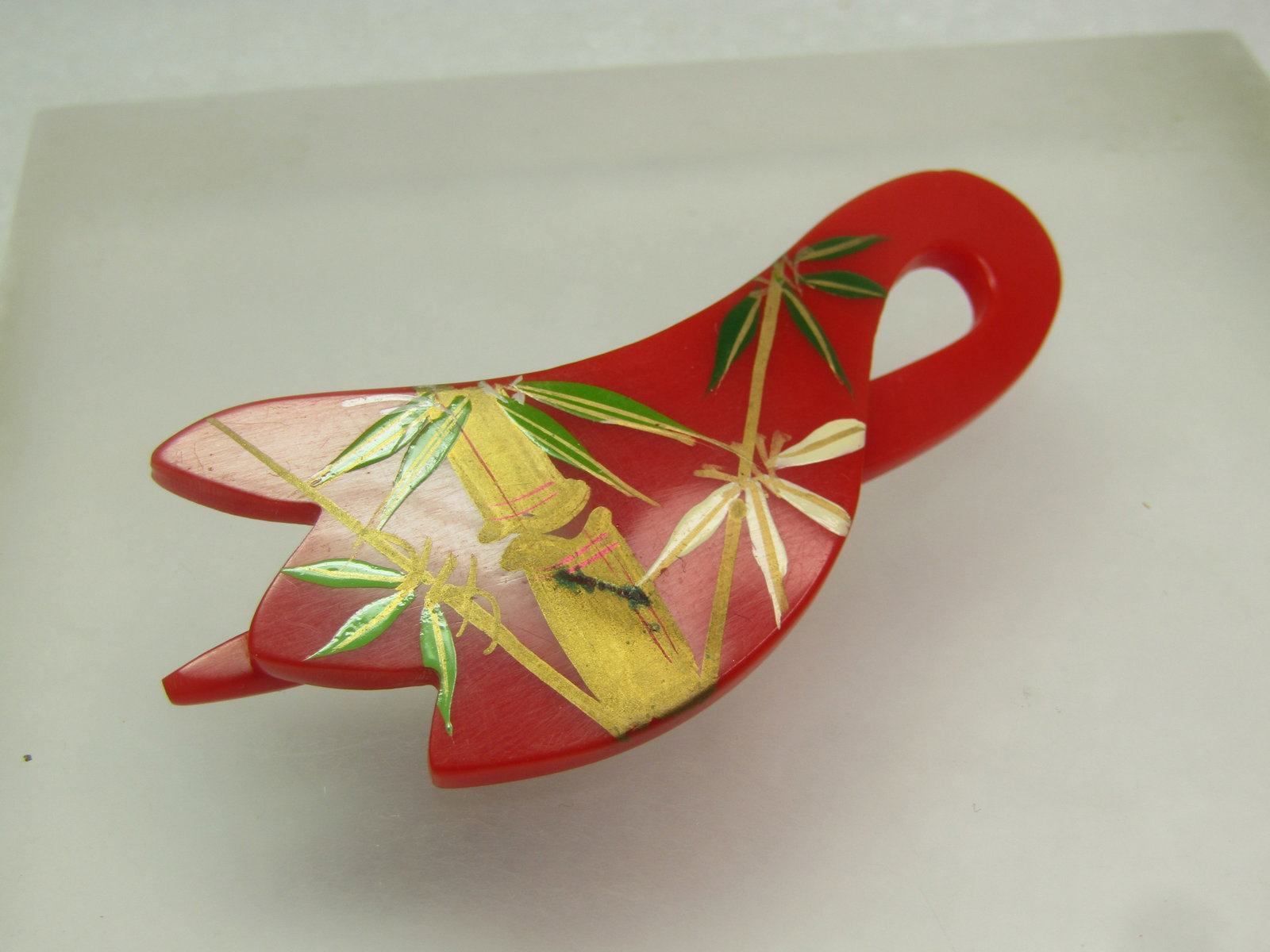 Vintage Asian Themed Slide Barrette, Enameled Bamboo, Red 1960's-1970's - 2